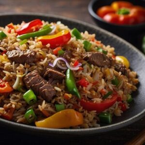 Mixed Meat Fried Rice with Bell Pepper and Cabbage