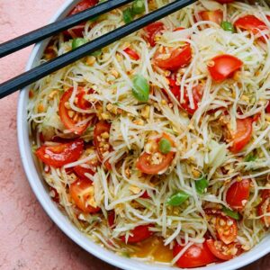 Raw Papaya Salad with Beans, Cherry, Tomato, Peanut and Dried Shrimp